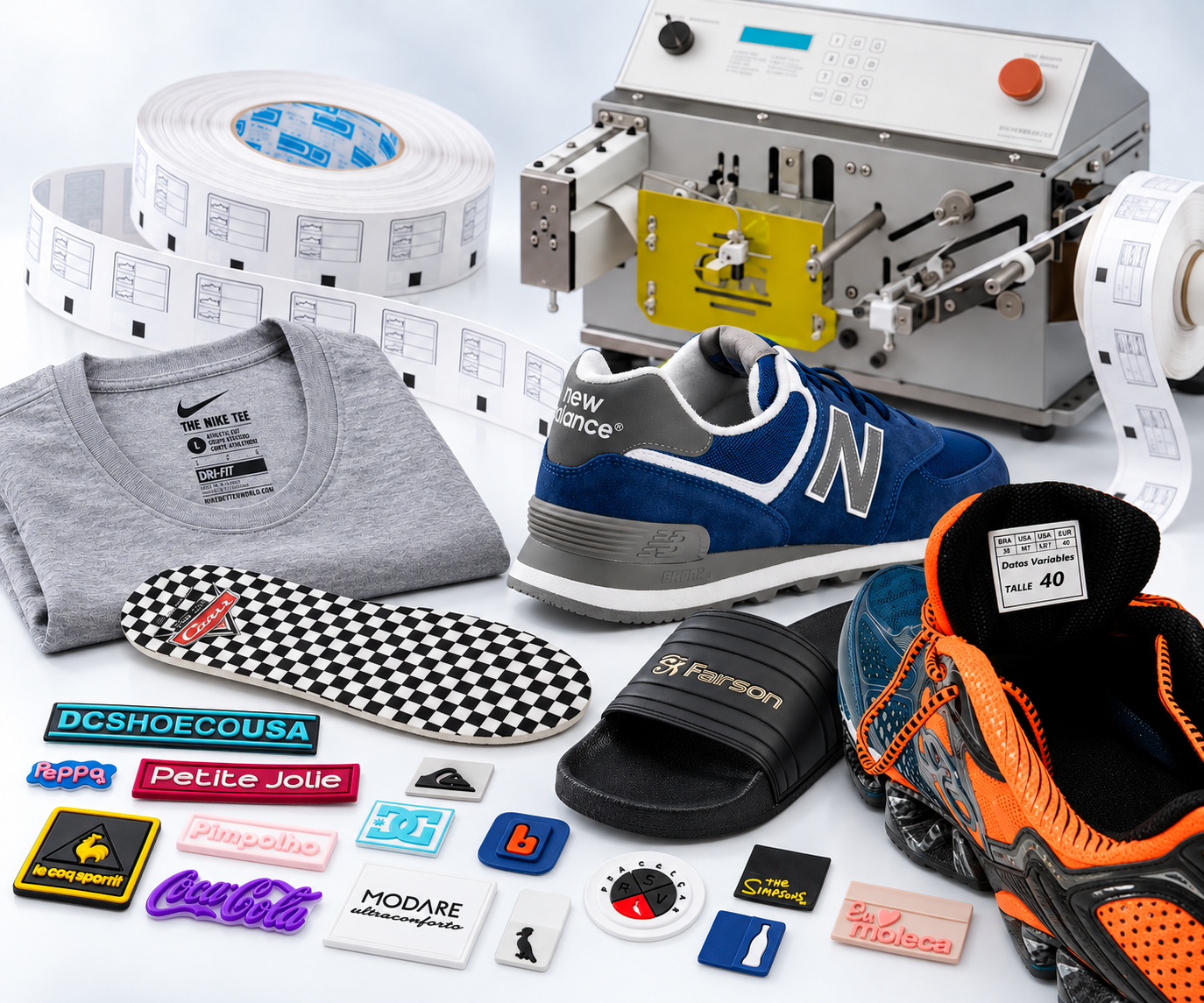 Composición industrial con etiquetas y transfers, aplicaciones en calzado y textil, insumos en rollo y equipo de producción